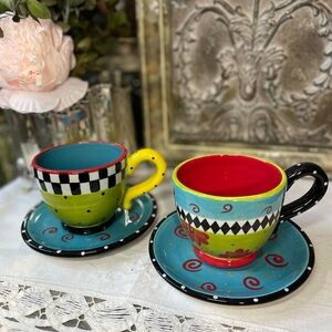 Vintage Tea Party whimsical colorful ceramic tea cup saucer Joyce Shelton